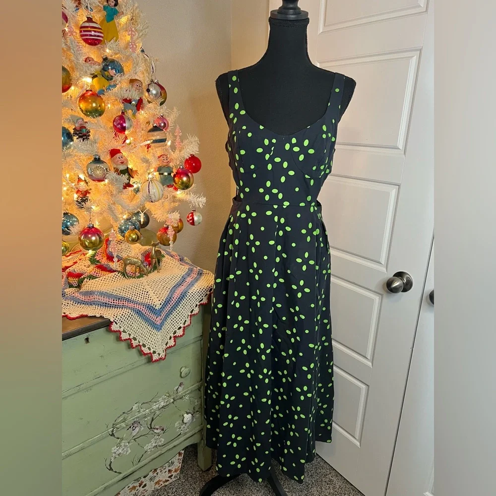 Topshop Retro Black Green Polka Dot Cut‎ Out Spot Pinny Dress Sz 6 Pinup Rock